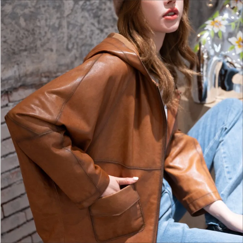 Hooded Leather Coat for Women, Loose Cape, Genuine Sheepskin Outerwear, Casual Female Coat, Spring and Autumn spring womens new korean loose short genuine leather jackets o neck single breasted sheepskin coat elegant casual outerwear