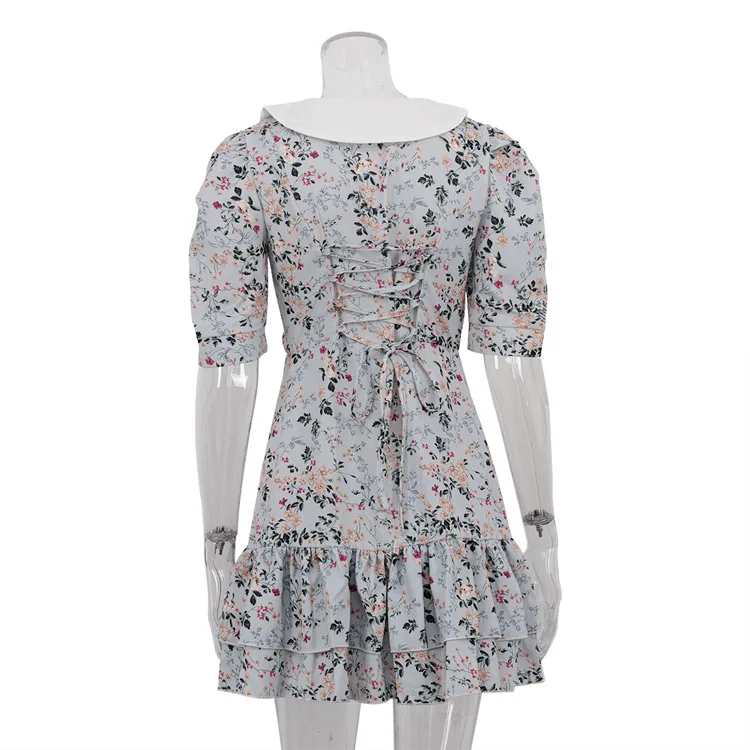 Printed Ruffled V-Neck Mini Dress Female Short Sleeve Fashion Slim High Waist Elegant Party Dress Women's Summer Dress New
