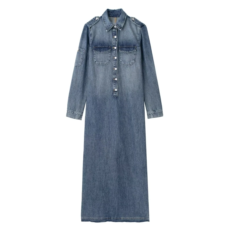 

New autumn fashionable women's clothing Lapel long sleeves Back slit pockets Decorated denim long dress