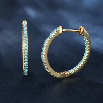 Hiphop Blue Turquoise Stone Round Thin Circle Hoop Earrings For Women Gold Color Unisex Female Male Punk Wedding Hoops Jewelry