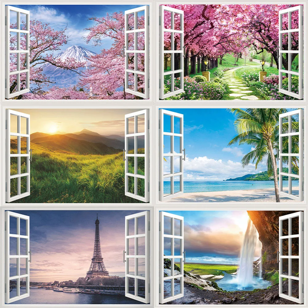 3D Natural Scenery Fake Window Stickers Sakura Tree Beach Building Wall ...