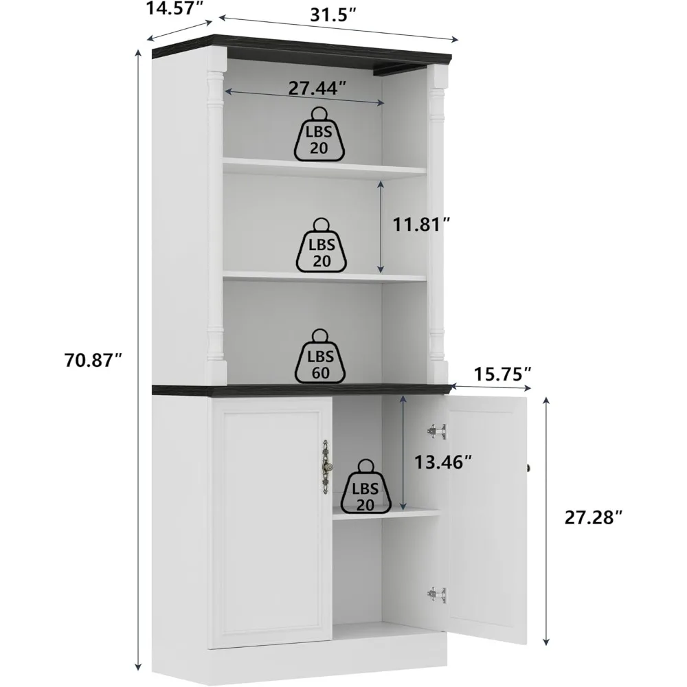 Bookcase with Doors, 71 inch Tall Bookshelf with Storage Cabinet, Floor Standing Wood Bookcase with Adjustable Shelves, 2