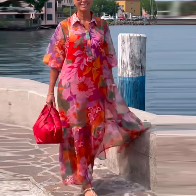 

Autumn Fashion Cotton Hemp 3/4 Sleeve Printed Long Dress Retro Polo Neck Loose Long Sleeve Swing Dress Women's Party Maxi Dress