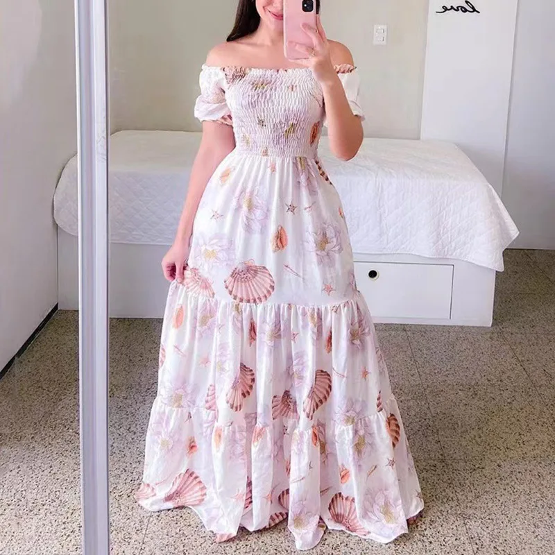 

2023 Summer Dresses for Women Print Off Shoulder Broken Flower Open Shoulder Long Dress Streetwear Oversized Dress Beach Dress