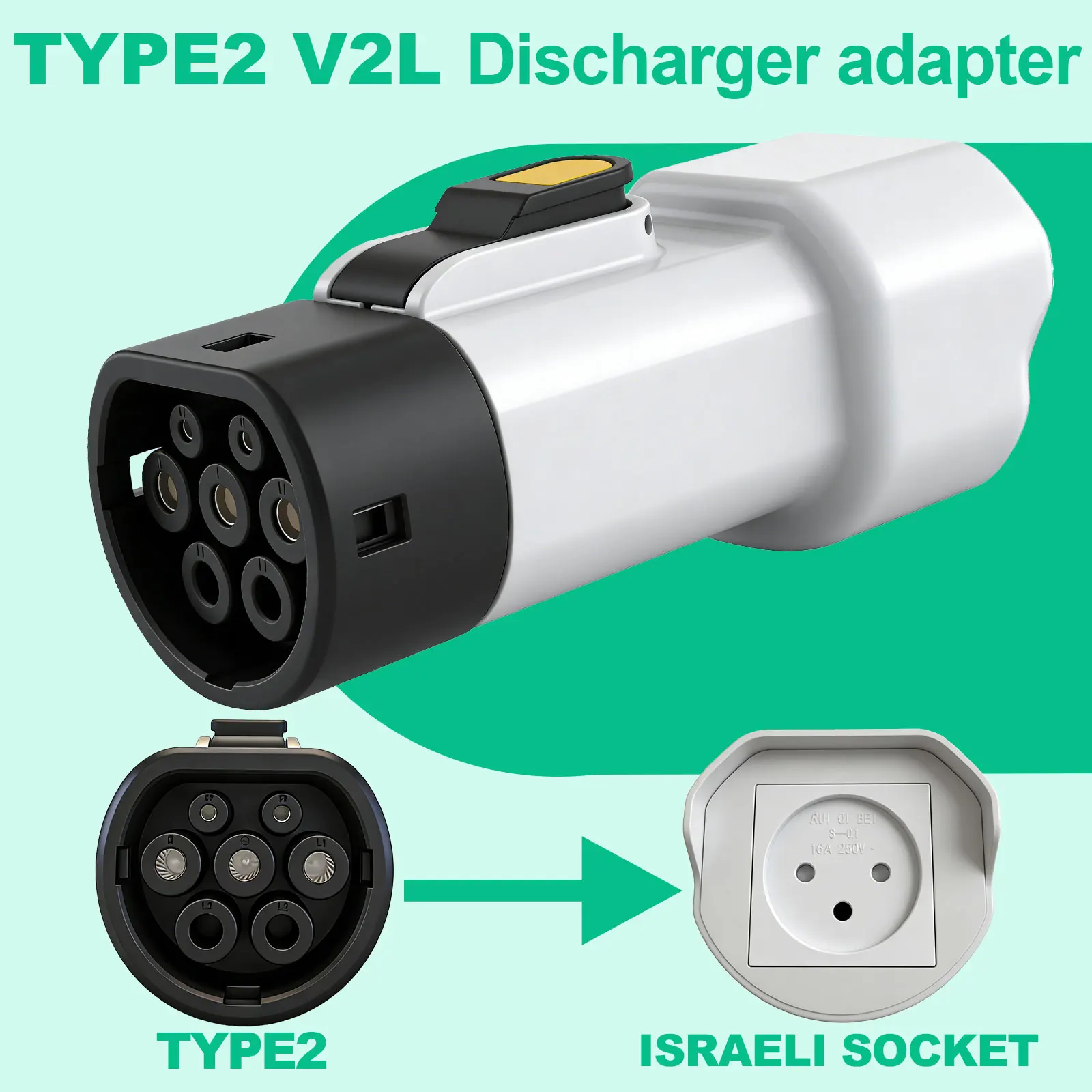 מתאם פריקה מסוג 2 V2L לשקע ישראלי, תקע פריקה לרכב חשמלי עבור BYD MG Geely Jaecoo Omoda Smart GWM Hyundai ZEEKR XPENG NAMI