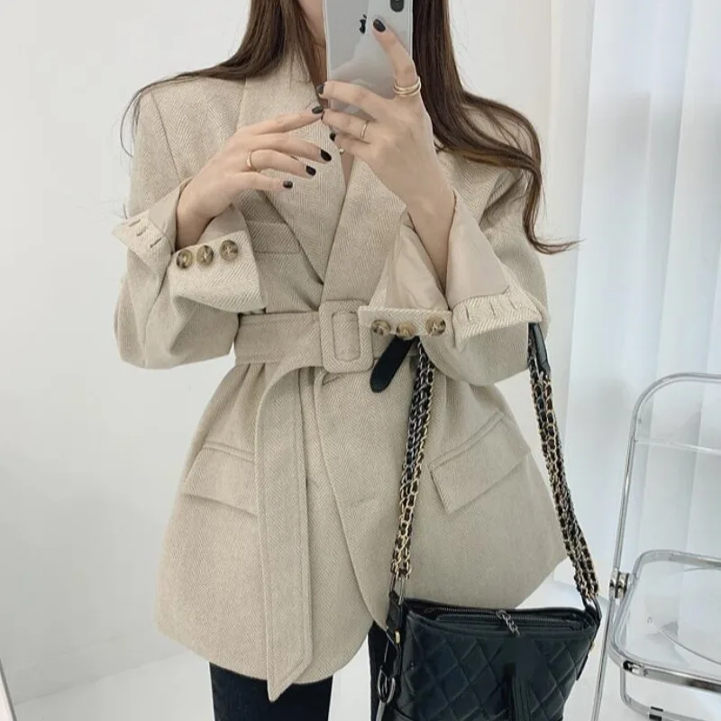 

UNXX Korean Chic Autumn Winter Elegant Lapel Tie Waist Thickened Padded Houndstooth Short Wool Blazer Jacket Women Lady Girl Top