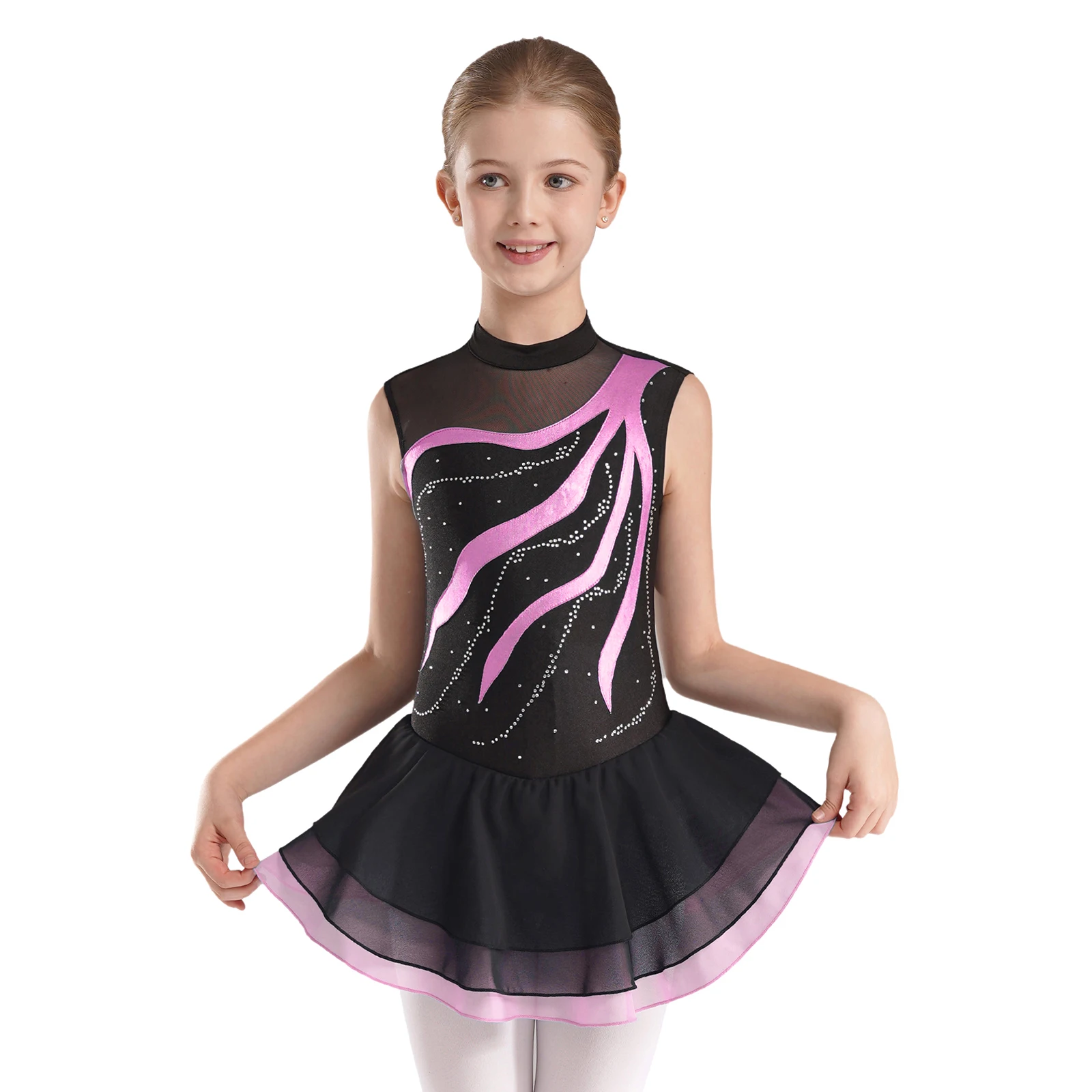 

Kids Girls Figure Skating Dress Sleeveless Shiny Rhinestones Ballet Dance Dress Gymnastics Leotard Ballroom Performance Costumes