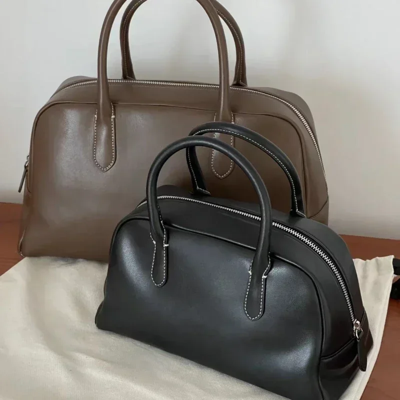 Genuine Leather Luxury Designer Boston Bag Fashion All-match Cowhide Handbags for Women High Quality Solid Commuter Bolso Mujer