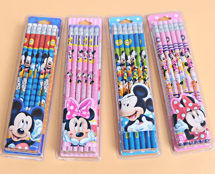 Crayons Minnie avec pointe gomme pour enfants, fournitures scolaires pour  enfants, crayon HB, dessin animé Disney, véritable, paquet de 12