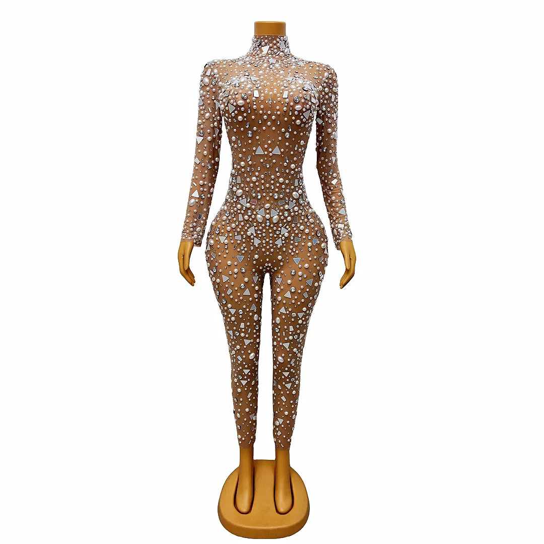 

Special Big Pearls Crystals Nude Transparent Bodysuit Evening Birthday Celebrate Outfit Sexy Singer Rhinestones Jumpsuit zhenzhu