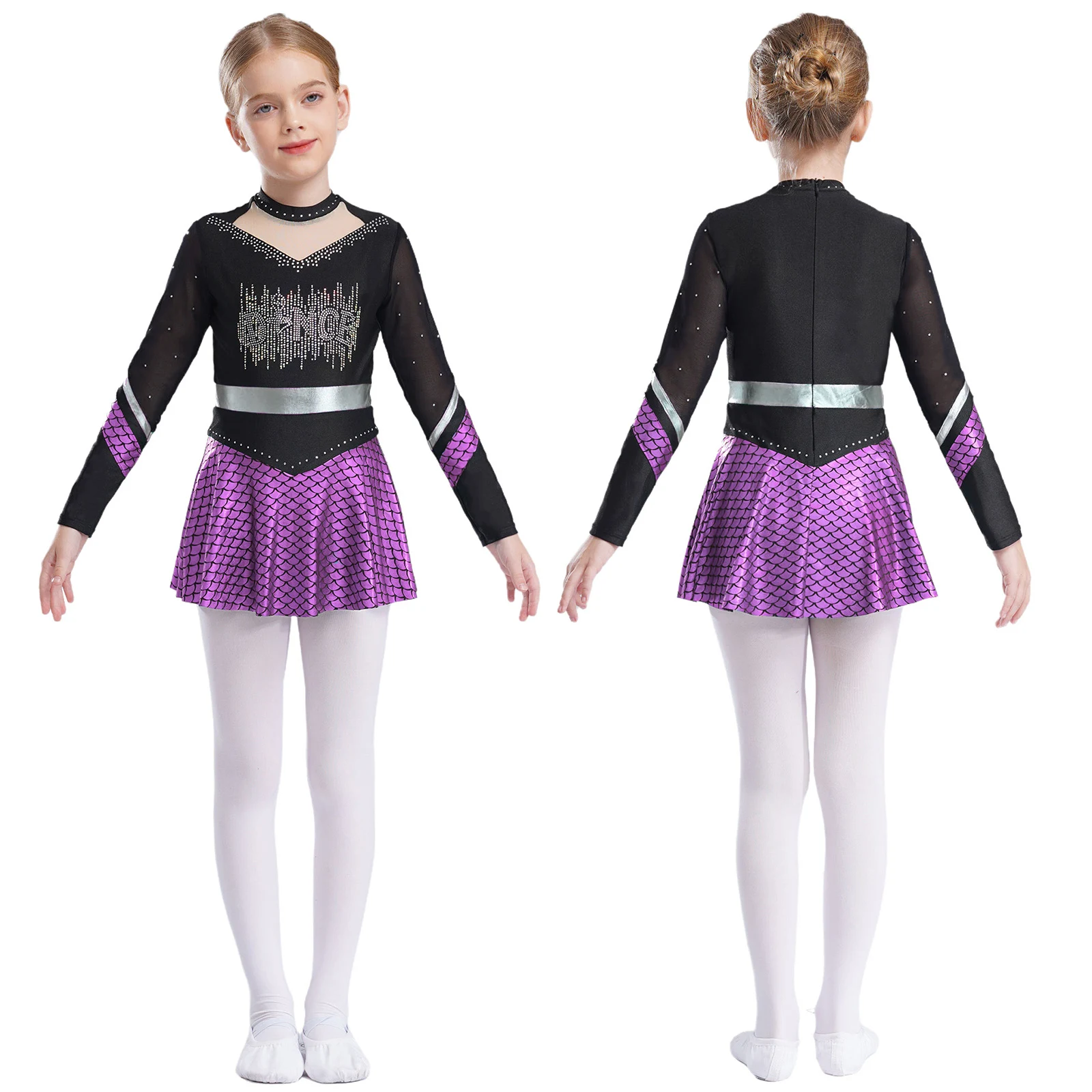 thumbnail image 1 of Vestido de Ballet con diamantes de imitación brillantes para niñas, pantalones cortos incorporados, disfraz de patinaje artístico, escamas de pez metálicas, vestidos de baile de Ballet, 1 of 5