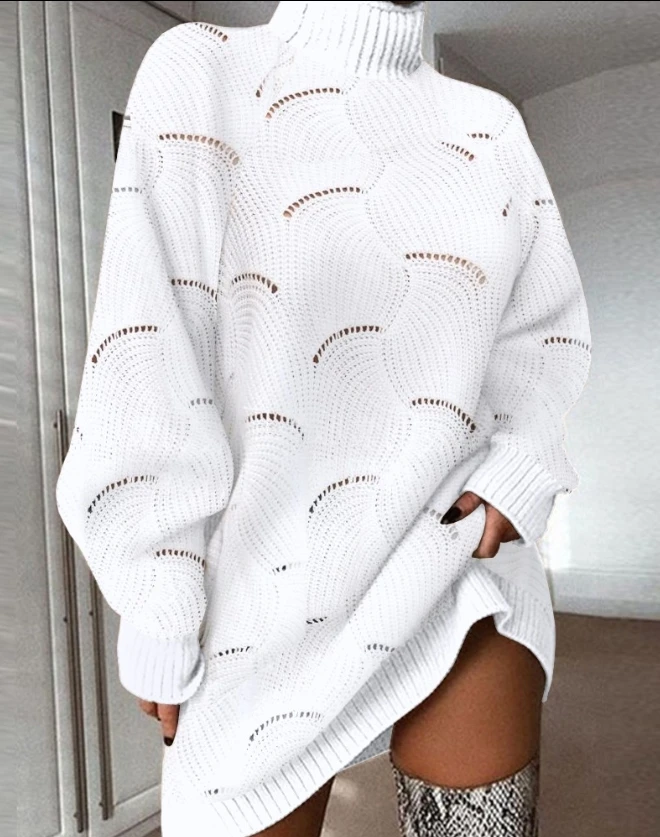 

2023 New Autumn and Winter Fashion Temperament Commuter High Neck Hollow Out Casual Elegant Loose Knit Sweater Dress for Women