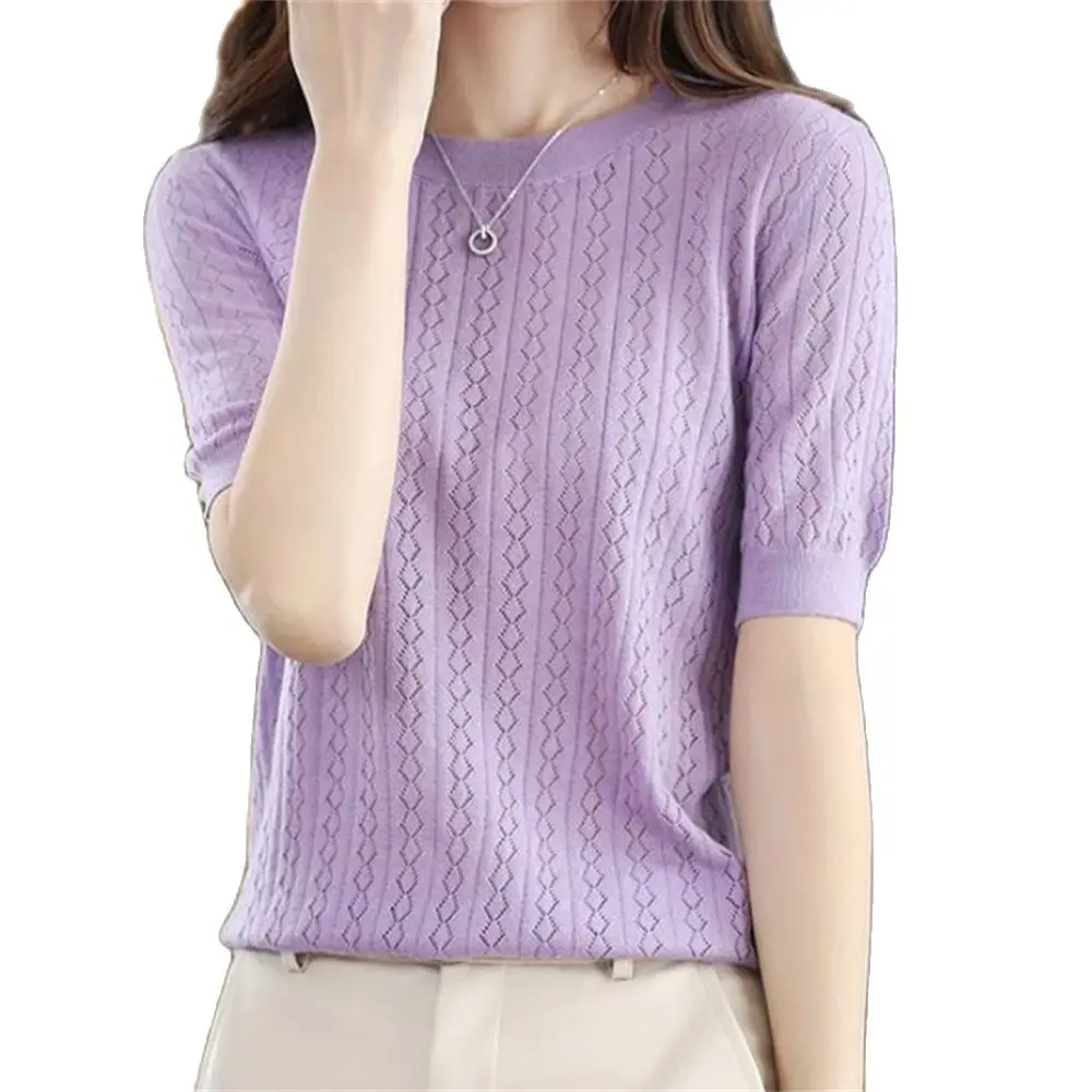 

Ice Silk Half Sleeve T-Shirt Women's Summer Sweaters New O-Neck Hollow Loose All-Match Thin Knitted Half-Sleeved Bottoming Shirt