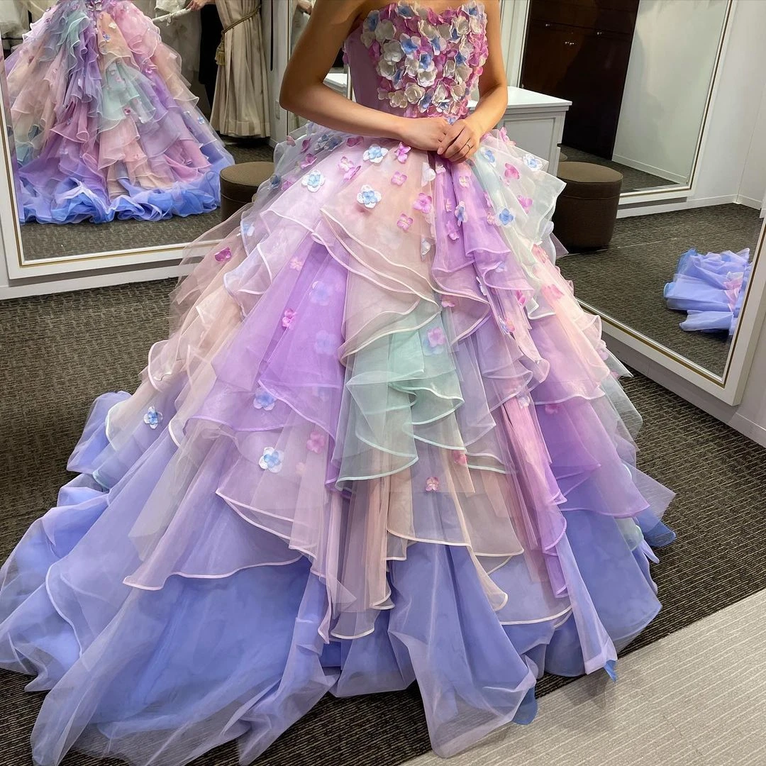 

2024, платья принцессы для Quinceanera, милое с 3D цветами, элегантное бальное платье из тюля с оборками для вечеринки