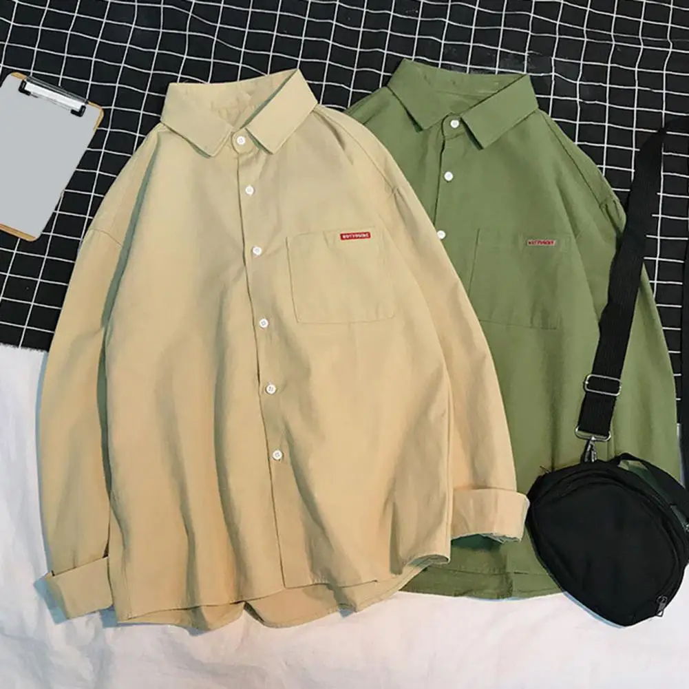 

Solid Color Men Shirt Men's Casual Solid Color Cardigan with Patch Pocket Turn-down Collar for Fall Spring Daily Wear Men Lapel