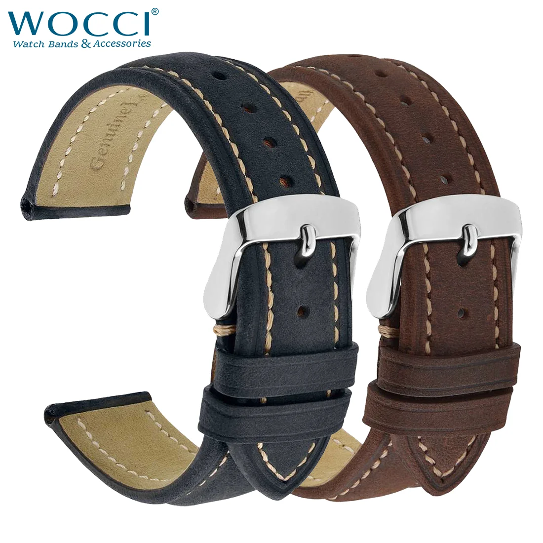 Cinturino Orologio Uomo WOCCI Pelle Genuina 18-24mm Nero - Adatto A Seiko, Rolex, Citizen E Smartwatch