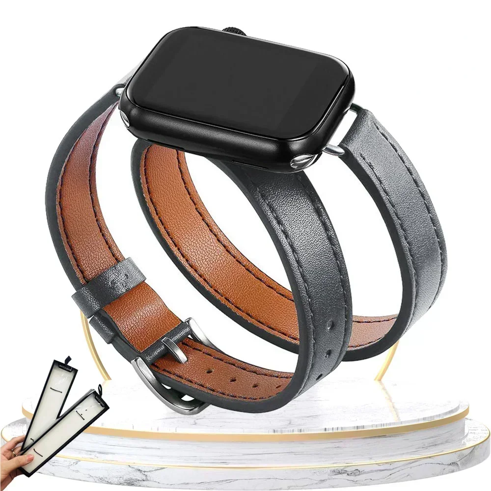 Luxury Double-Loop Leather Watch Strap Bracelet