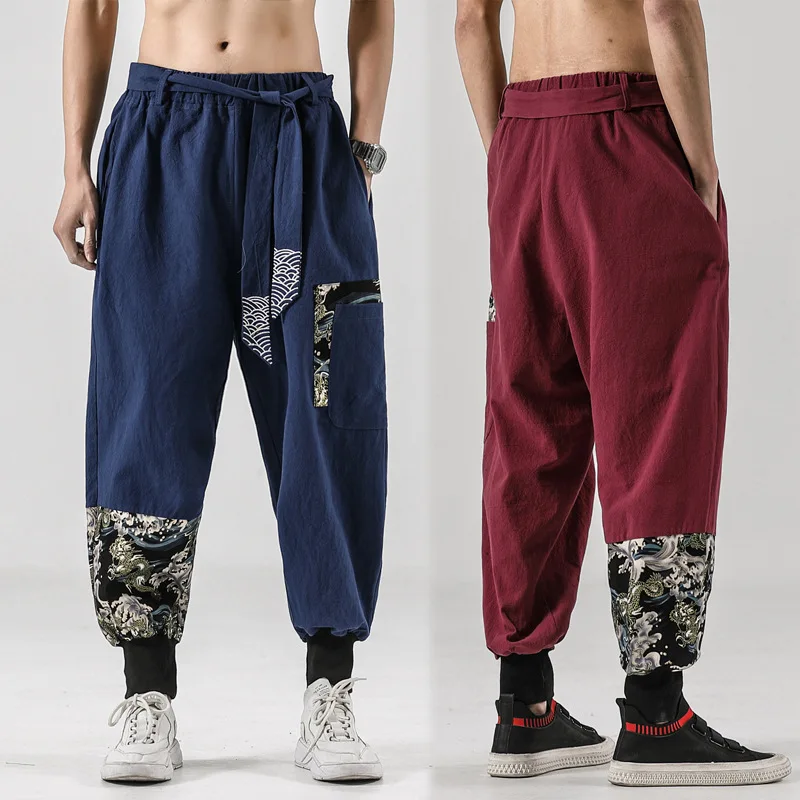 Japanese Kimono Men Cotton Linen Print Belt Retro Harem Pants Haori Baggy Trousers Harajuku Hip Hop Men's Loose Lantern Pants