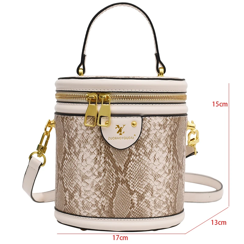 Round Bucket Handbag Purse Vintage Snake Pattern Crossbody Bag for Women 2022 Mini Small Bag Trendy