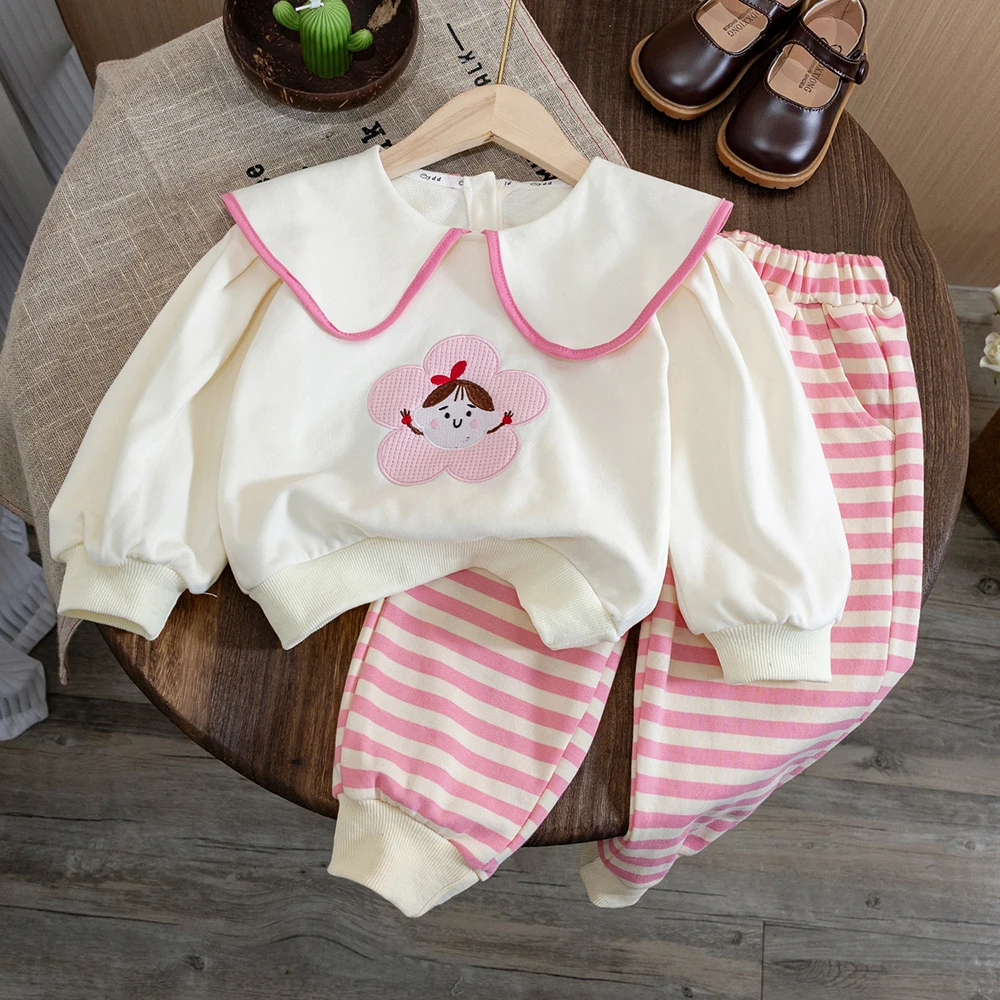 여아용 만화 풀오버 상의 및 줄무늬 바지 세트, 한국 스타일 맨투맨 수트, 어린이 의류, 패턴 2 개, 1-6 세