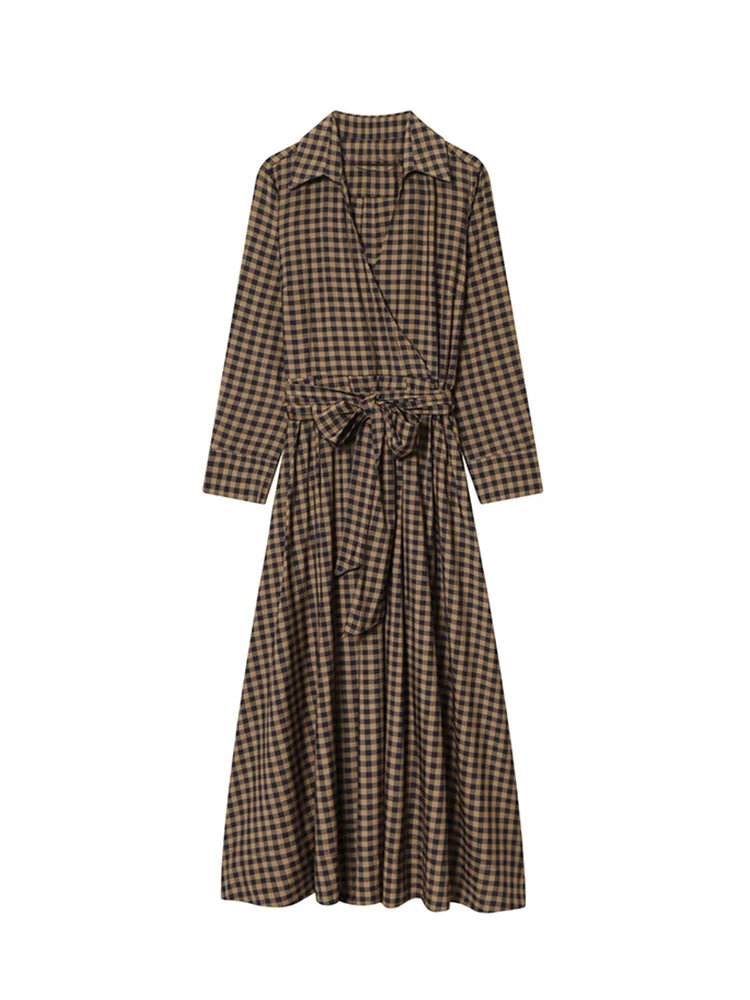 Women New Lace-Up Shirt Dress Fashion Long Sleeved Plaid Printed Turn Down Collar Leisure Elegant Midi Dress Female Clothing