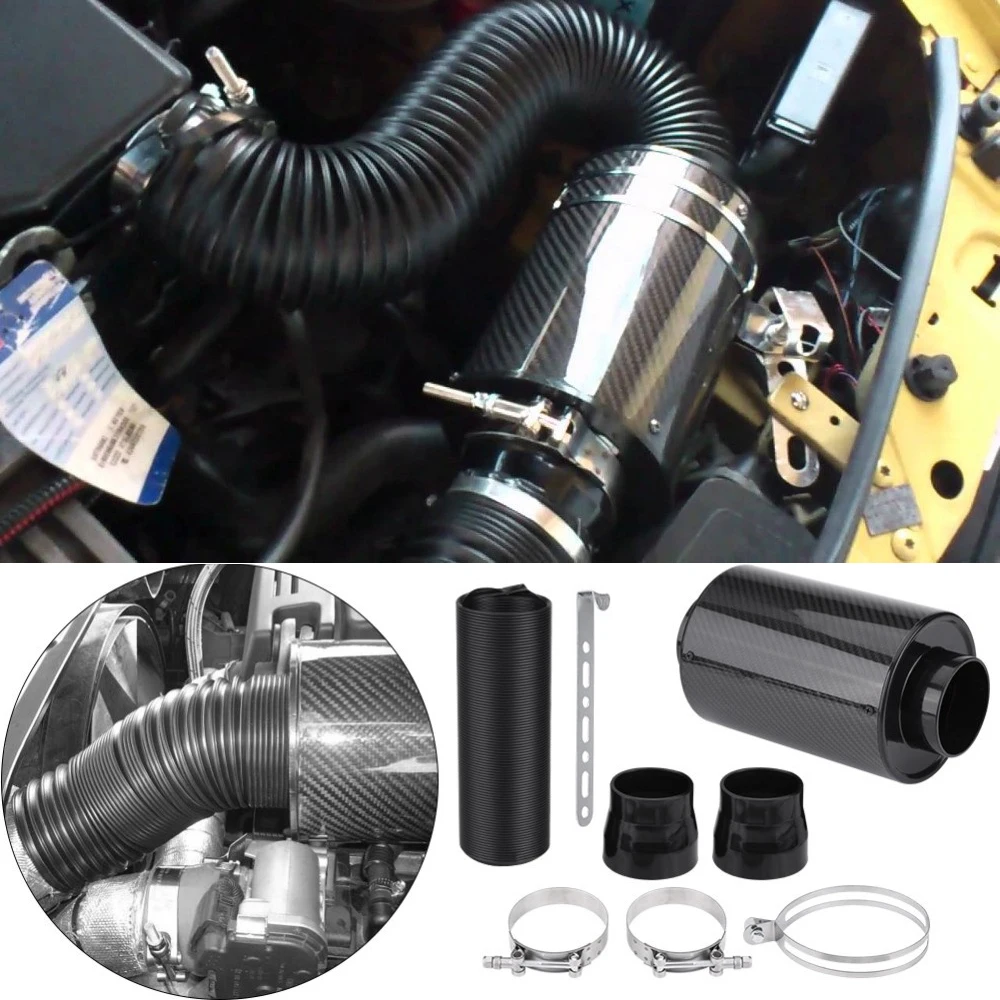 Air Filters 1set 76mm 3 inch Universal Car Cold Air Filter Carbon Fibre Feed Enclosed Intake Induction Pipe Hose Kit