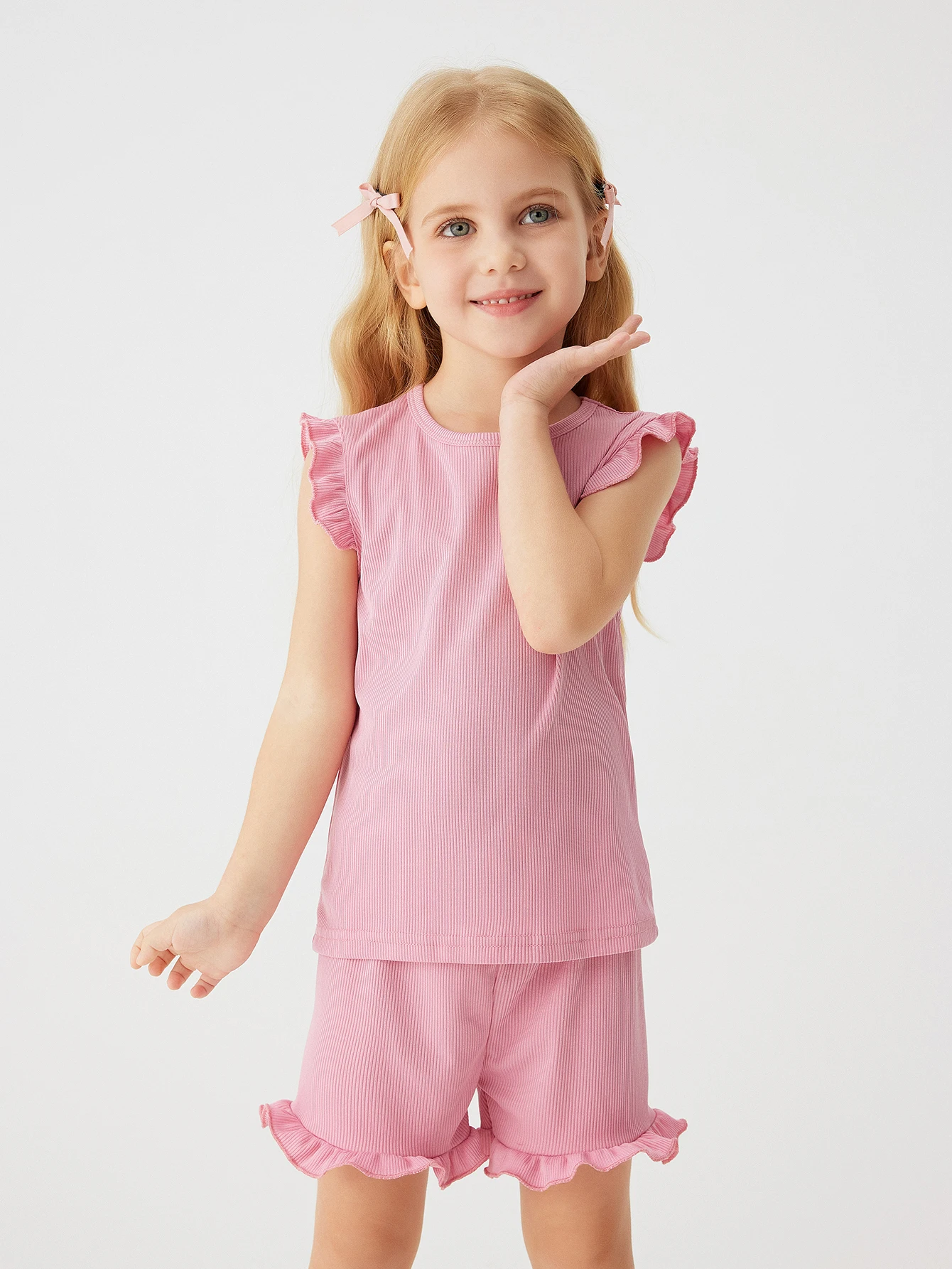 Summer Ruffle Toddler Girl Sets 2pcs Sleeve T-shrits Shorts Outfits for Girls Solid Children Suit Girl Clothing for 1-5T