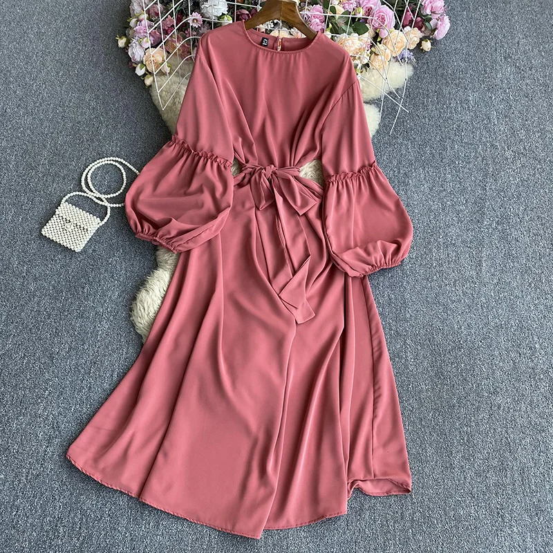 

VANOVICH Solid Color Lantern Sleeve Dress Korean Style Spring New Folds Temperament Fashion O-neck Chiffon A-line Long Dresses