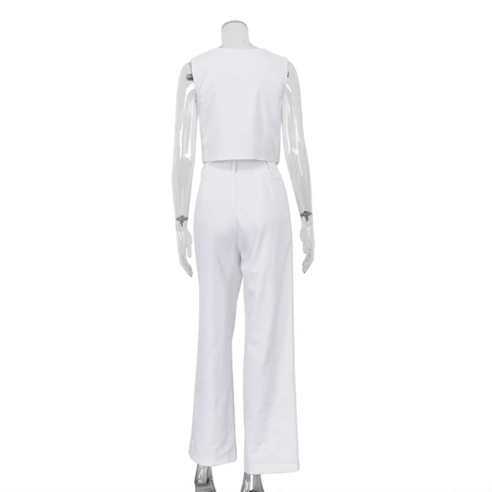 Casual Women 2 Piece-Set Straight Legg And Sleeveless Top Vestidos Sets Slim V-Neck Summer Pocket Fashion Trousers Sets