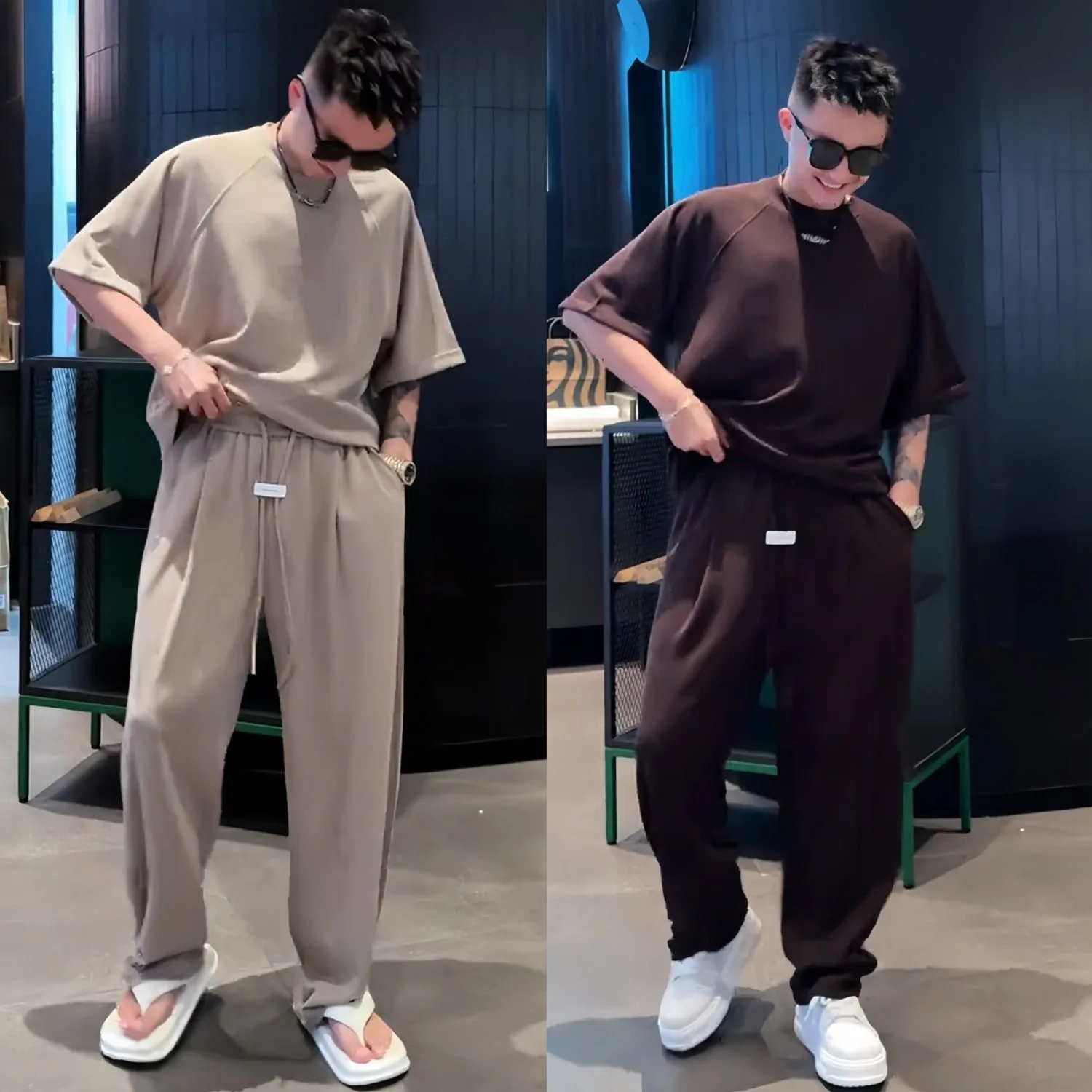 여름 신상 남성 캐주얼 스포츠웨어 세트 라운드넥 반팔 에어 레이어 긴바지 투피스 세트 통기성 좋은 드레이핑 느낌
