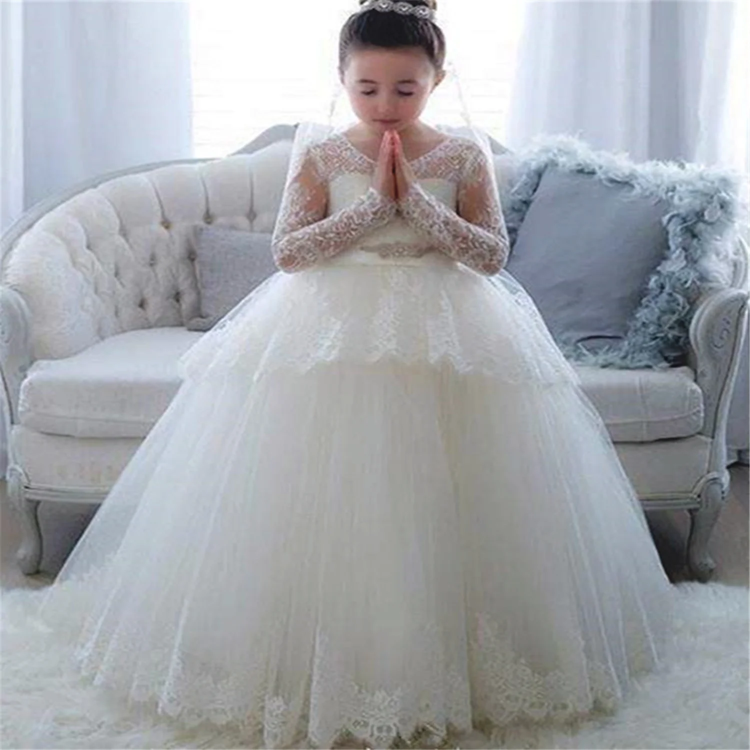 

Summer Flower Girl Dress Lace Tulle Baby Birthday Beads Fluffy Sleeveless Toddler First Communion Dress