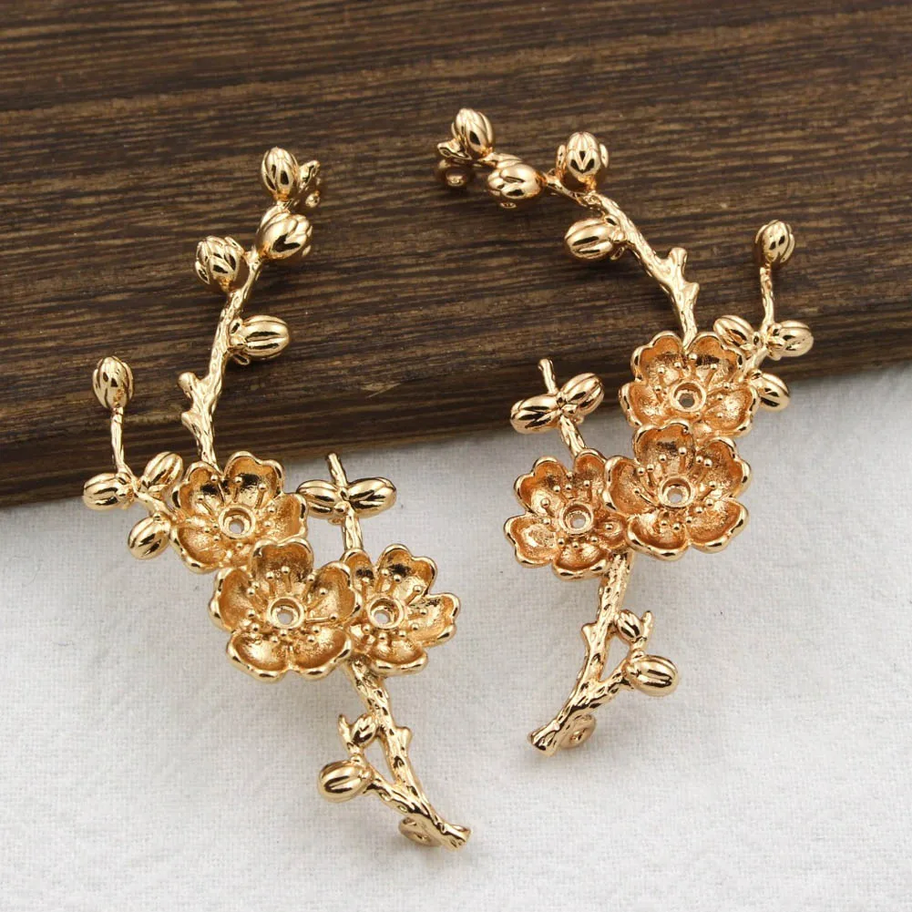 겨울 꽃 가지 펜던트 참, 2 루프 커넥터, 61x25mm, 품질 황동 캐스팅 KC 골드 도금 DIY 헤어 쥬얼리, 6 쌍