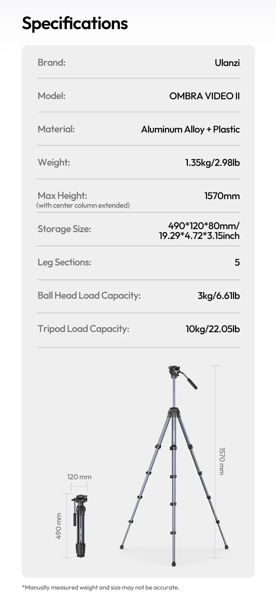 OMBRA VIDEO II 1.57M Travel Tripod with 360° Panoramic Ball Head Arca Quick Rele