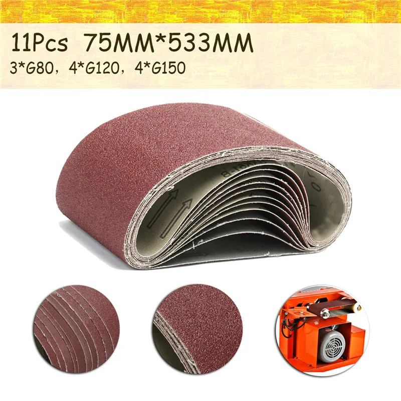 11Pcs Red Zirconia Sanding Belts 75x533mm 80 120 150 Mixed Grit Alumina