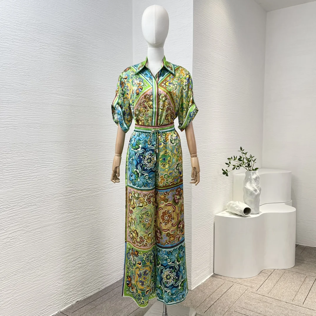 

New Arrival Top Quality Spring Yellow Blue Floral Print Short Sleeve Blouse Tops and Wide Leg Pants Set