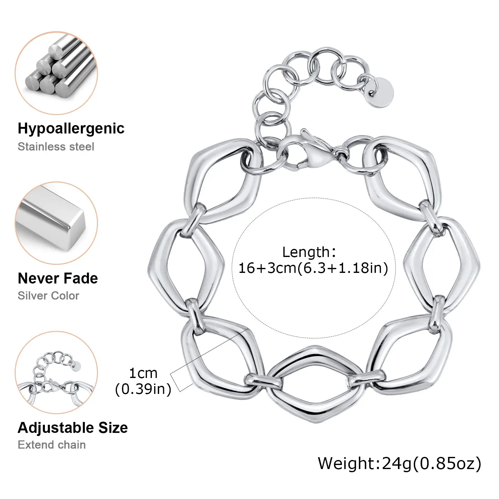 Edelstahl-Rhombus-Armband mit klobiger Kette, vergoldet, dickes Armband, luxuriöser geometrischer Schmuck für Frauen, Freundin, Geschenk – Detail 9