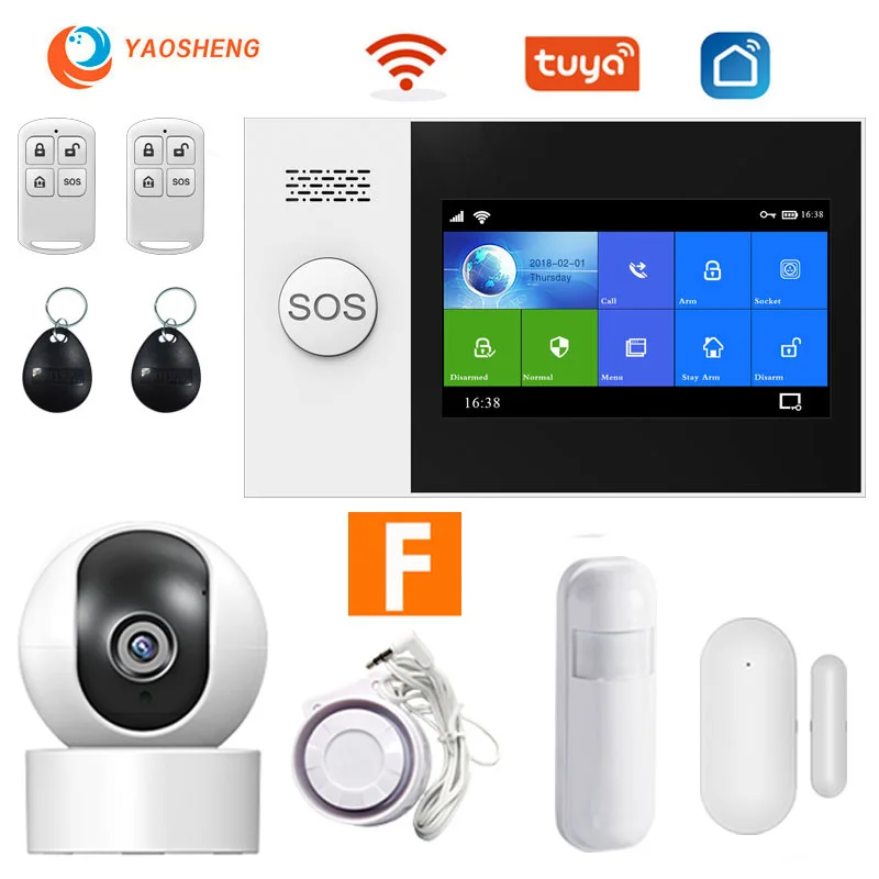 YS PG107 Tuya Security Alarm System Kit Smartlife App Control With Ip Camera Auto Dial Motion Detector WIFI Gsm Home Smart Alarm ring keypad red light Alarms & Sensors