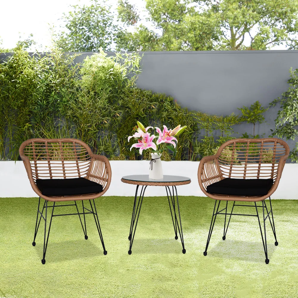 

3 Piece Rattan Rattan Patio Conversation Set 2 Armchairs and 1 Round Table for Indoor Outdoor Patio Porch Poolside Courtyard