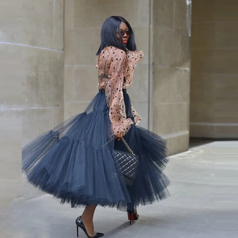 

Dark Navy Blue Tulle Sirts For Women High Waist Ankle Length Puffy Women Birthday Skirt For Photo Shoots
