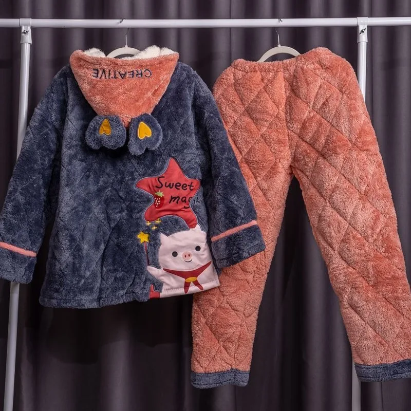 2024 New women Winter Three Layer Cotton pajamas suit Girls Warm Sleepwear Home wear Thickened ladies Plush Coral loungewear Set
