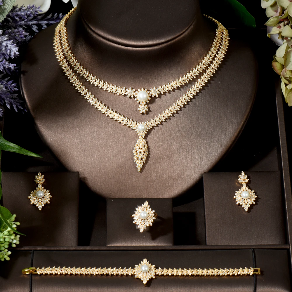 

Fashion Charm Flower Design Exquisite CZ Pearl Earring Necklace Ring Bracelet Jewelry Set Full Micro Pave Nigerian Women N-1572