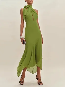 Temperament Backless Solid Color Ruffle Dress Slim Long Skirt For Women Simple Style Solid Color Leace-up Backless Vestidos Chic 1