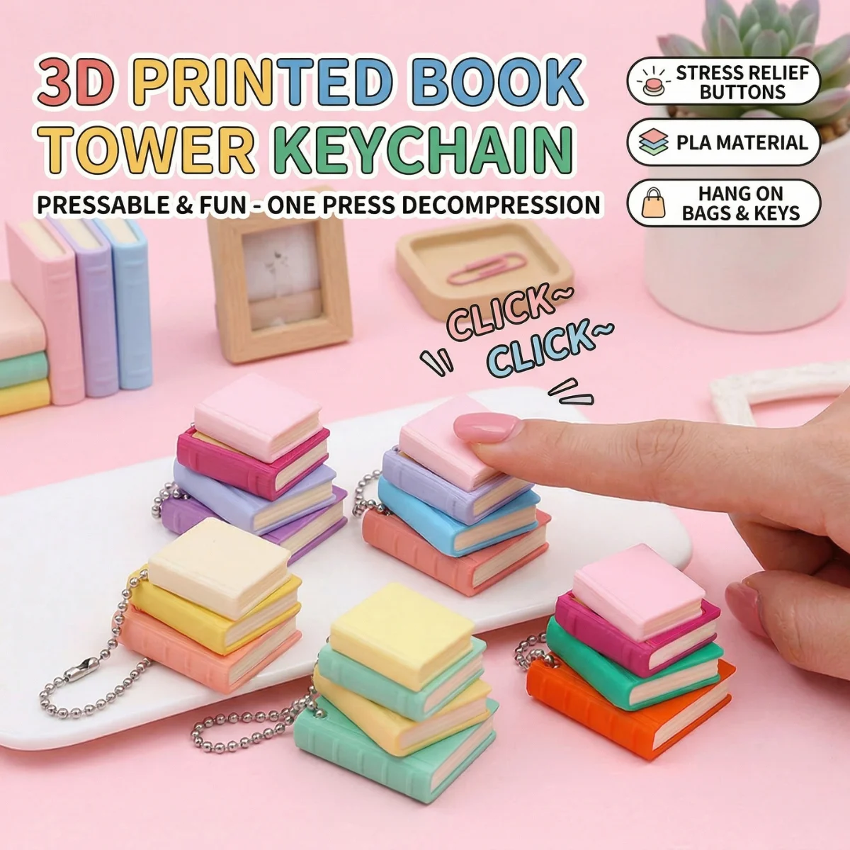 미니 북 타워 클리커 피젯 키체인, 스트레스 해소 ASMR 감각 장난감 3.2cm 3D 프린팅 PLA