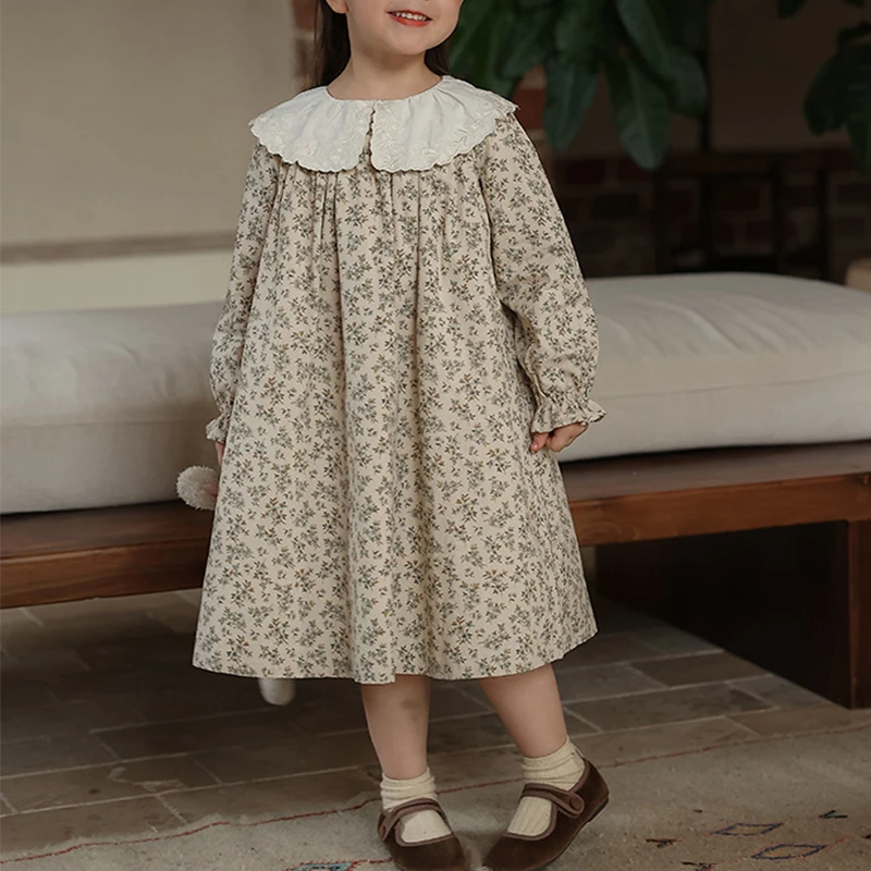 

Autumn Girl Retro Style Dress 2024 Spring New Baby Clothing Fashion French Lace Collar Floral Children's Dress Kids Dresses