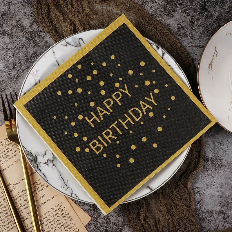 Paper Napkins Birthday Party Colorful Printing Napkins Square Paper Napkins Gold Lettering on Black Background Paper Placemats 20pcs/pac 33cm