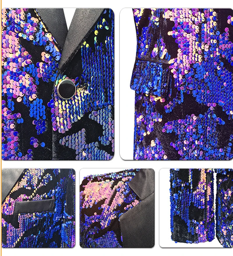Shiny Purple Sequins Velvet Suit Jacket Men One Button Slim Fit Dress Blazers Mens Wedding Groom Party Stage Prom Blazer Homme 4