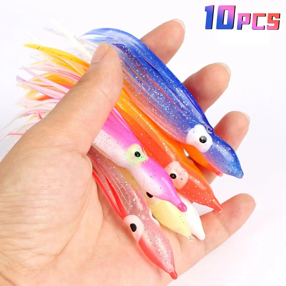 Señuelo de pesca de pulpo luminoso, falda de calamar, cebo suave, herramientas de pesca para pescadores (colores mezclados), 10 piezas, 9/12/14/18cm, venta al por mayor