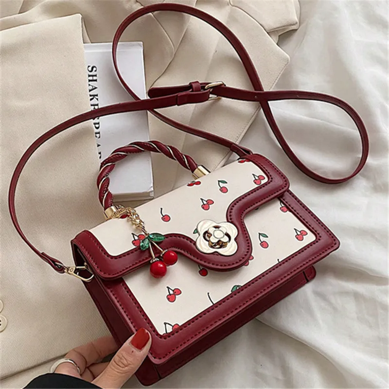 High End Pu Cherry Print Square Tote Bag, Versatile Stylish Shoulder Crossbody Bags for Women Teen Girls Shopping, Work, Dating
