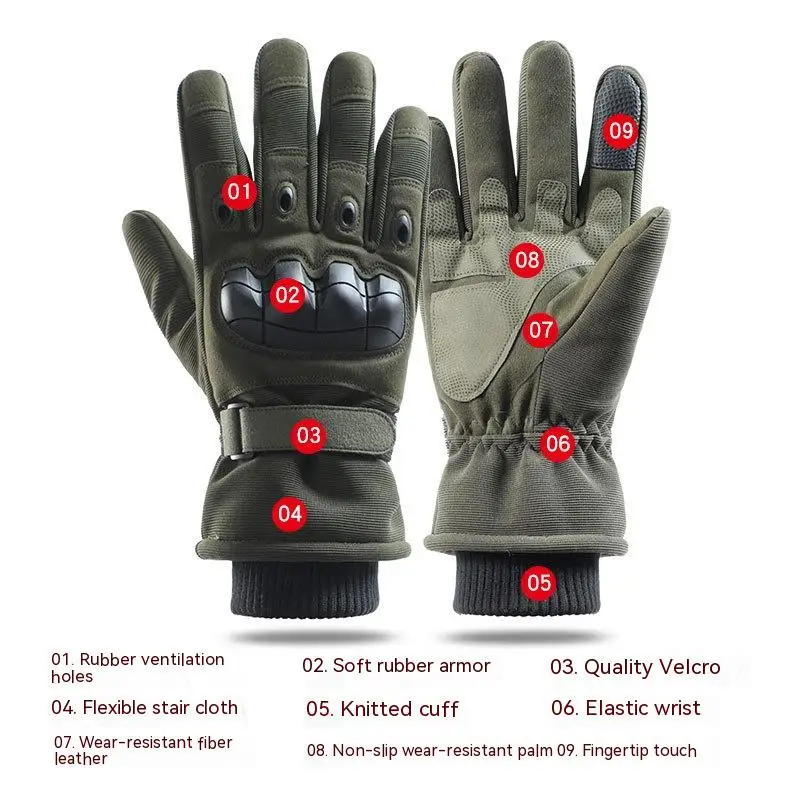 JSJM Tactical Gloves Men Winter Velvet Thickened Warm Gloves Long Finger Touch Screen Anti-Slip Full Finger Gloves Ski Gloves 6