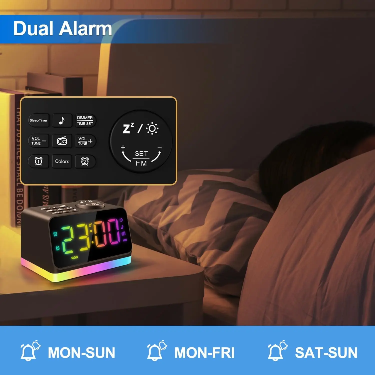 Digital Alarm Clock with FM Radio, Night Light & USB Charging Ports, Sleep Sound Timer for Bedroom, Easy Use for All Ages 5